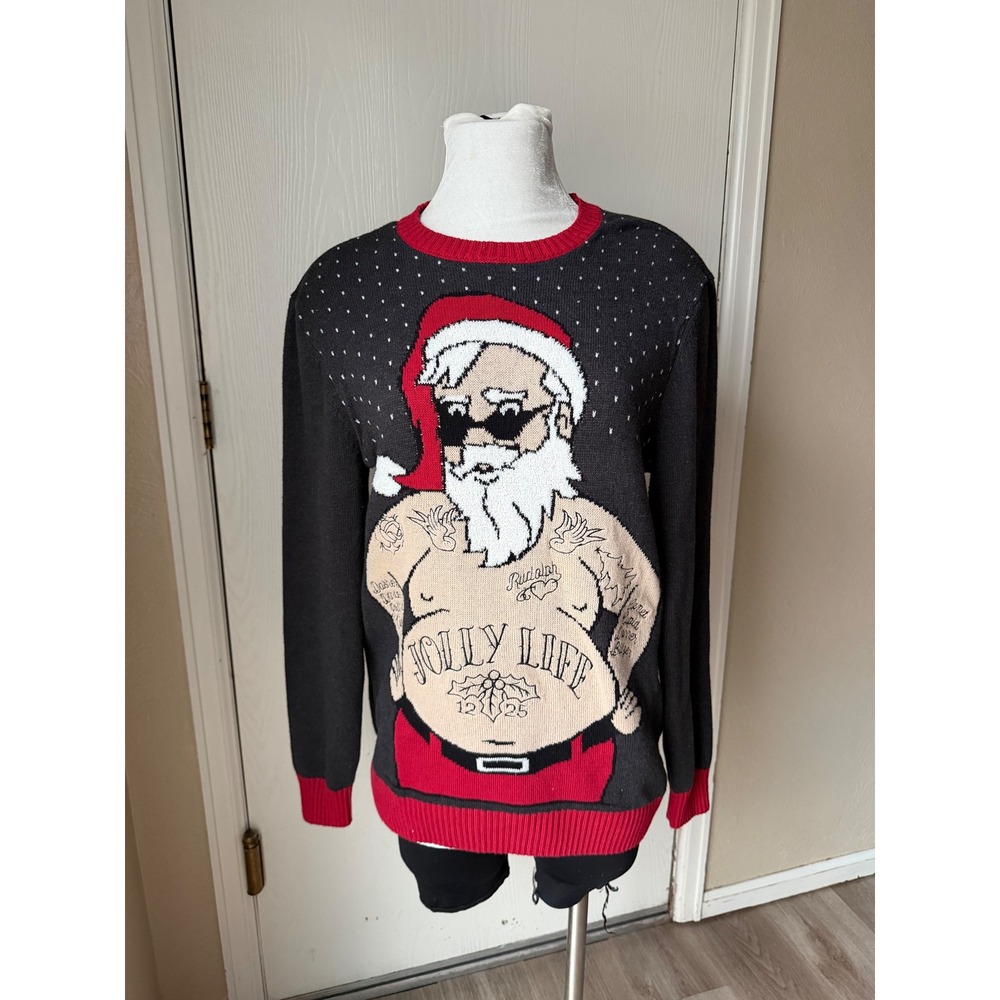 Ugly Christmas Sweater Mens Large Tattooed Santa Jolly Life Gray Red Pullover